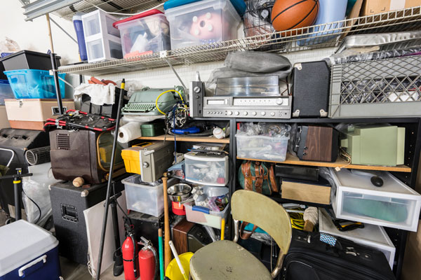 Full shelves of vintage electronics