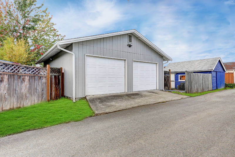 a detached garage with an attic